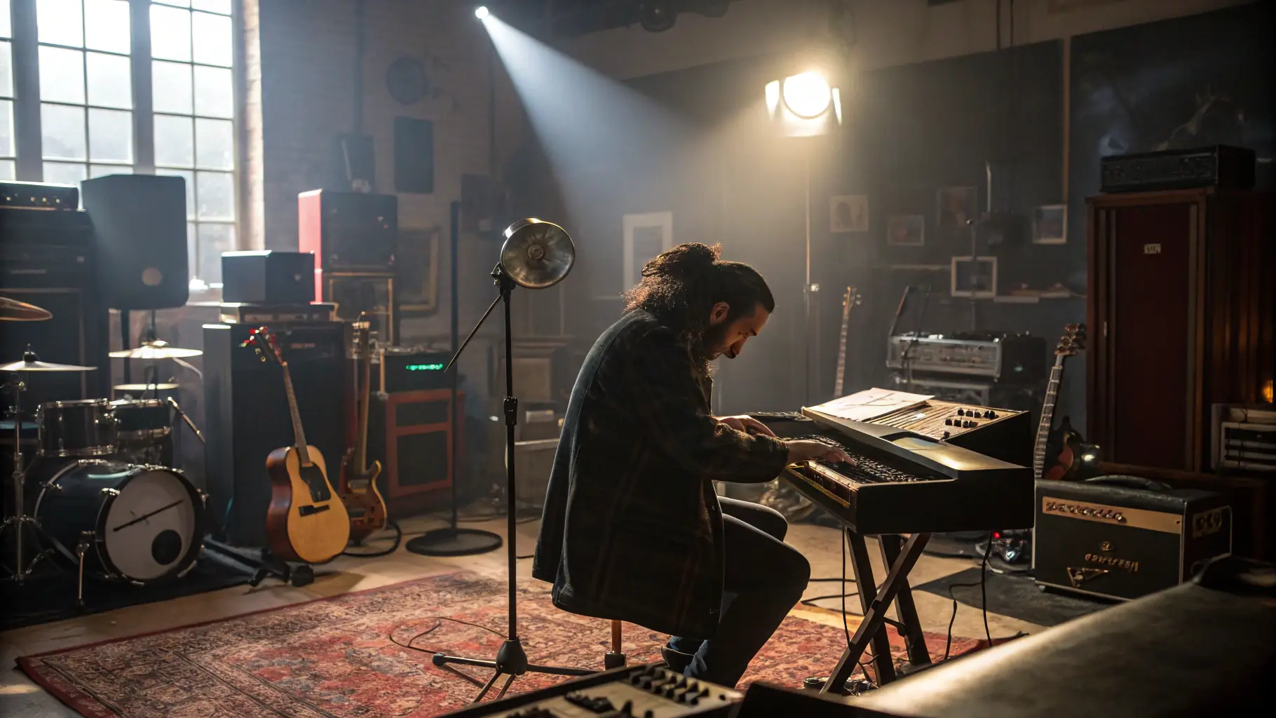 A suave musician in a recording studio, surrounded by high-end audio equipment, representing the quality of Suave G Music.
