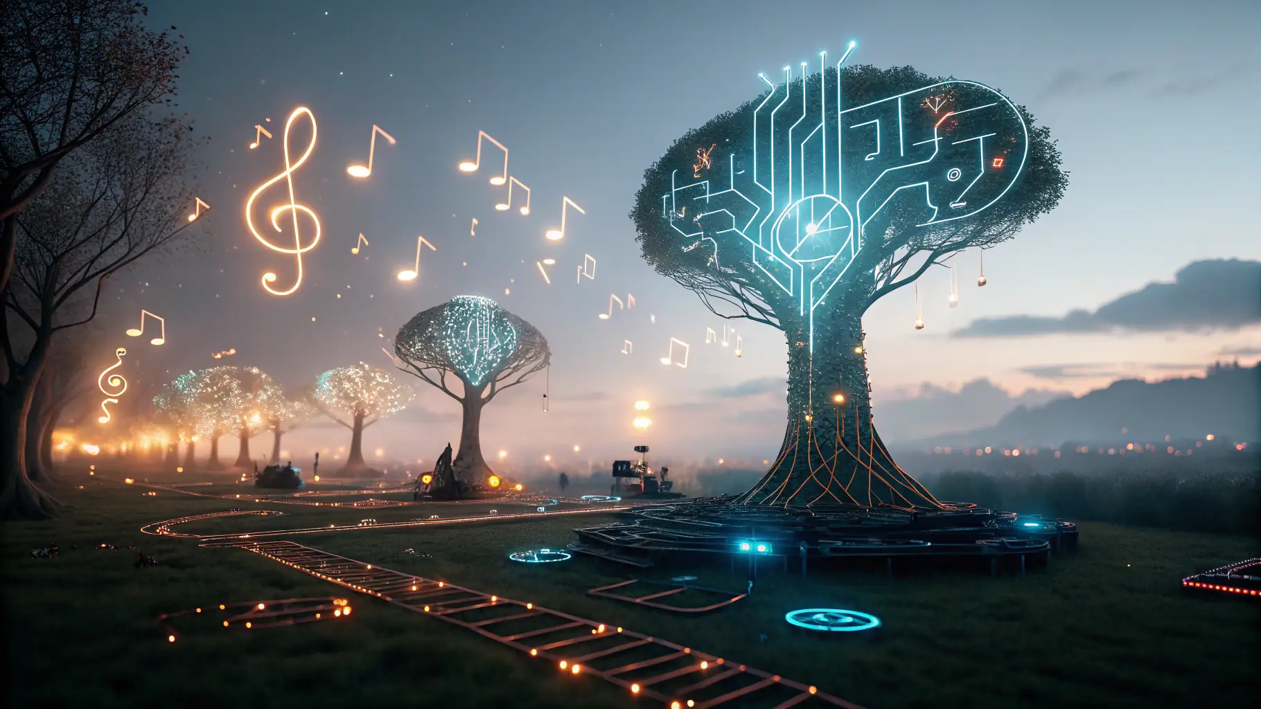 A futuristic AI brain generating musical notes and waveforms, symbolizing AI-powered jingle creation.