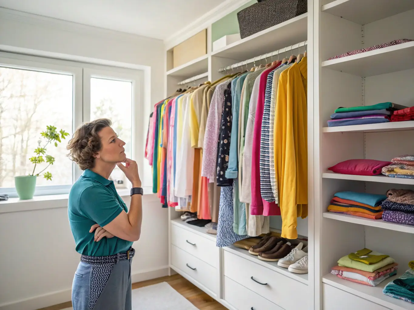 A stylish woman selecting clothes from a well-organized and elegant wardrobe, showcasing a variety of outfits and accessories, in the context of a luxury lifestyle blog.