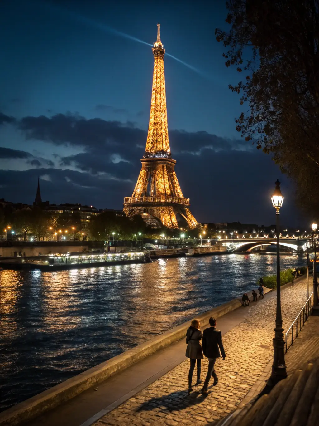 An elegant photograph of Paris, France, showcasing the Eiffel Tower illuminated at night, with charming Parisian cafes and cobblestone streets in the foreground, capturing the city's romantic ambiance.