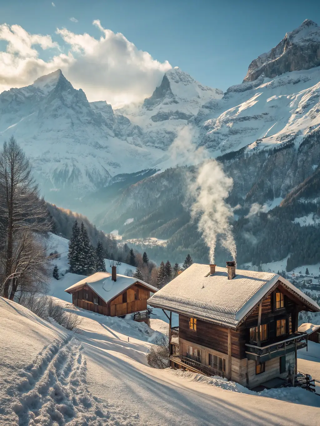 A breathtaking image of the Swiss Alps, featuring snow-capped mountains, picturesque villages, and crystal-clear lakes, conveying a sense of adventure and natural beauty.