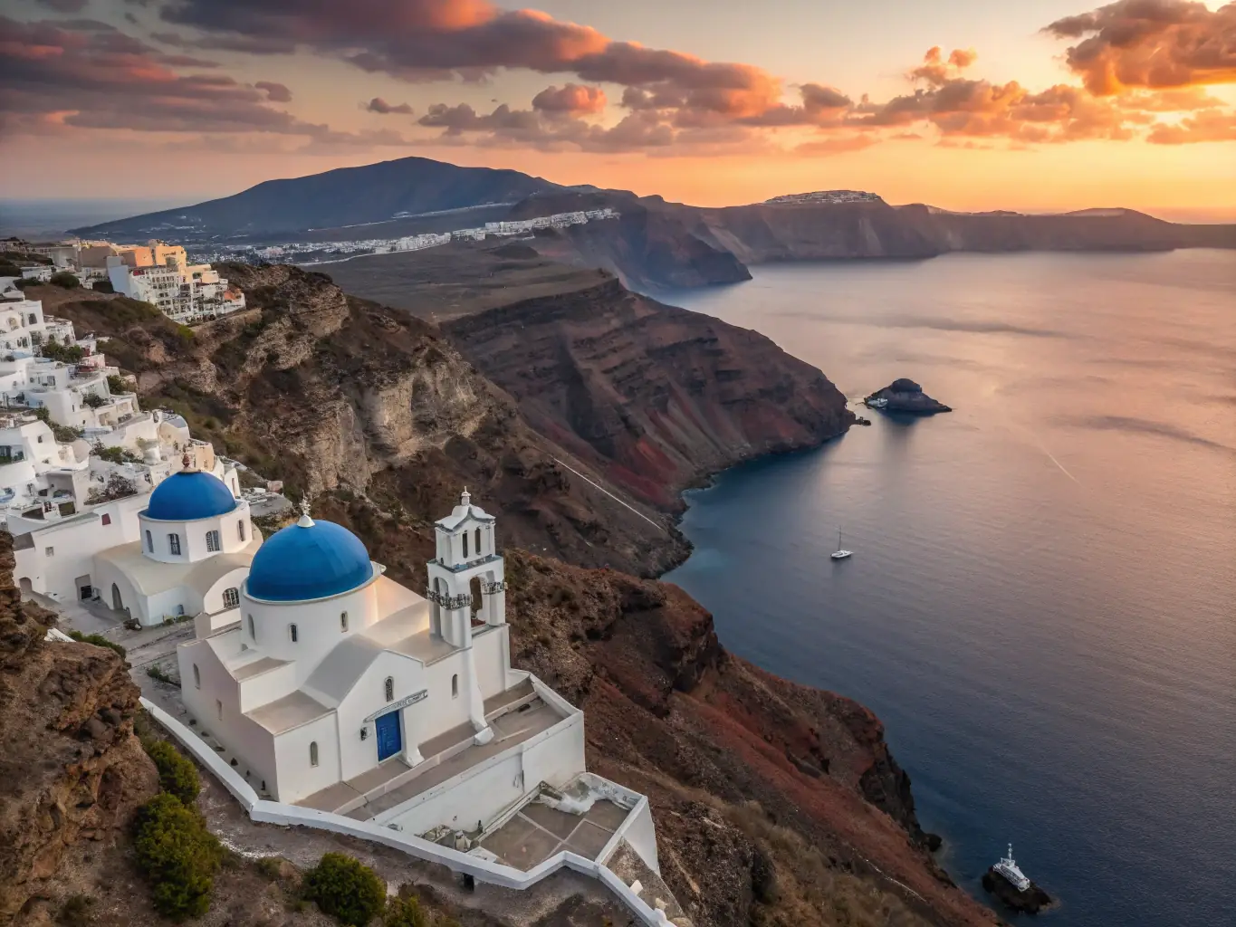 A breathtaking panoramic view of Santorini, Greece, showcasing its iconic white-washed buildings and stunning blue sea, capturing the essence of a luxurious and affordable travel destination.