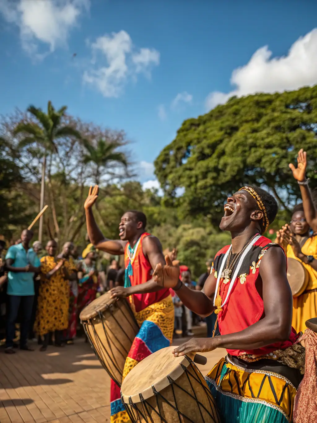 A vibrant scene of musicians playing world rhythms in a colorful, exotic location, highlighting cultural exploration and adventure, fitting for a luxury lifestyle blog.