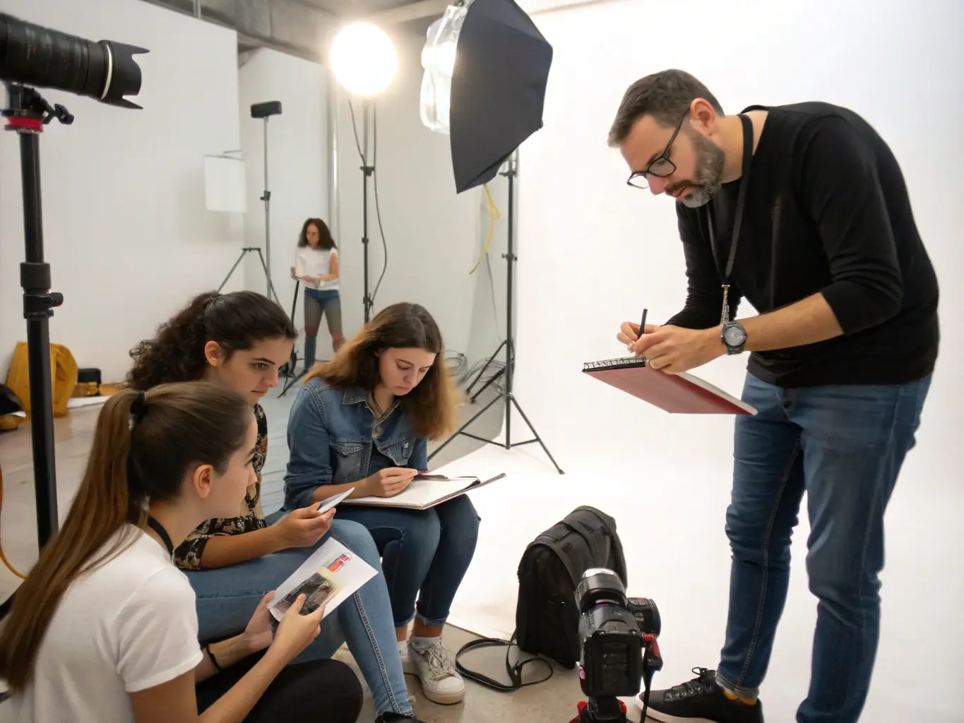 An art instructor guiding students in a photography master class, focusing on composition and lighting techniques in a studio environment. The atmosphere is creative and collaborative, with students experimenting with different camera settings.