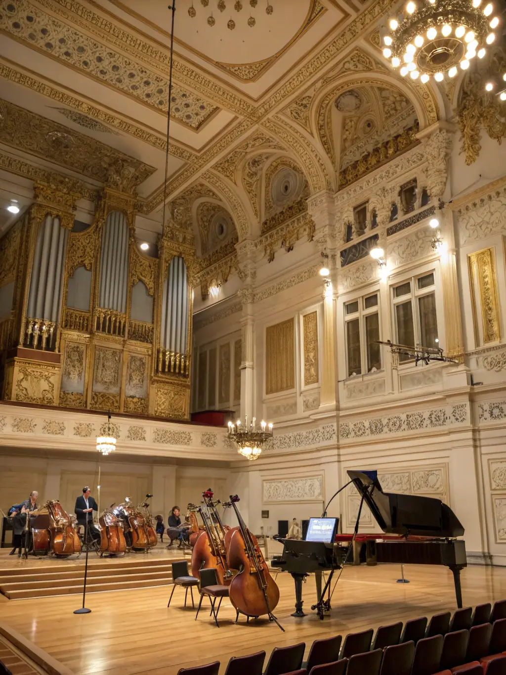 A grand concert hall with an orchestra performing classical music, emphasizing elegance and cultural enrichment, suitable for a luxury lifestyle blog.