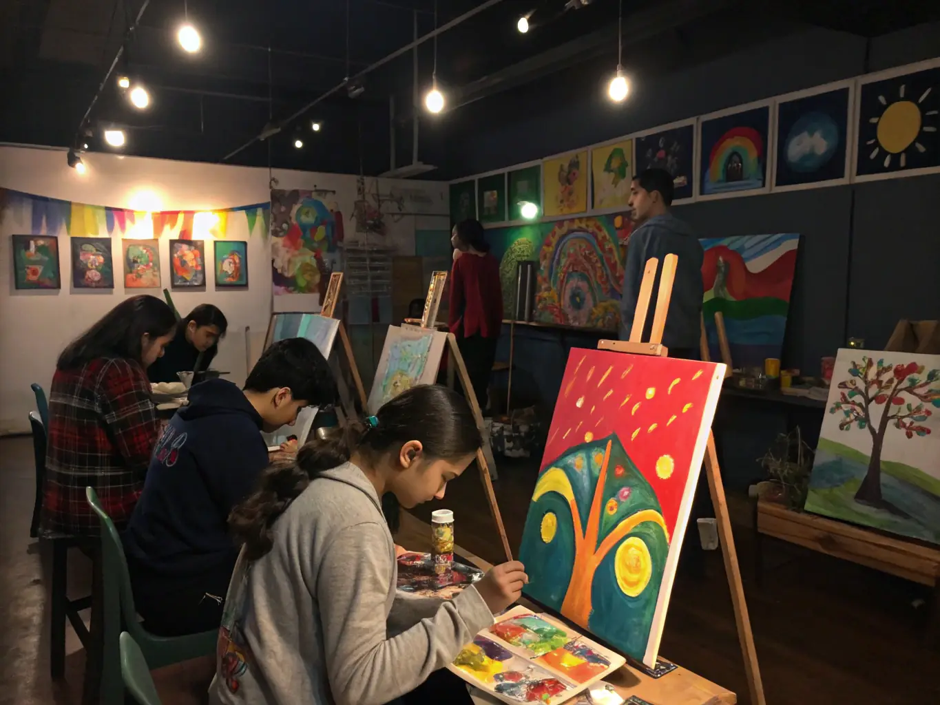 A sophisticated image of an art class, with students focused on their canvases, creating beautiful paintings under the guidance of a skilled instructor.