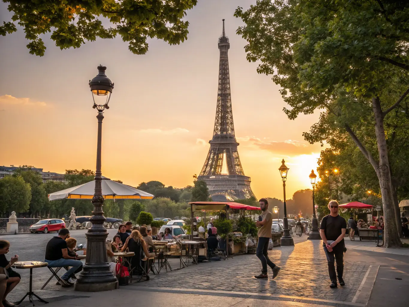 A romantic scene in Paris, France, with the Eiffel Tower in the background, capturing the essence of a luxurious and affordable travel destination.