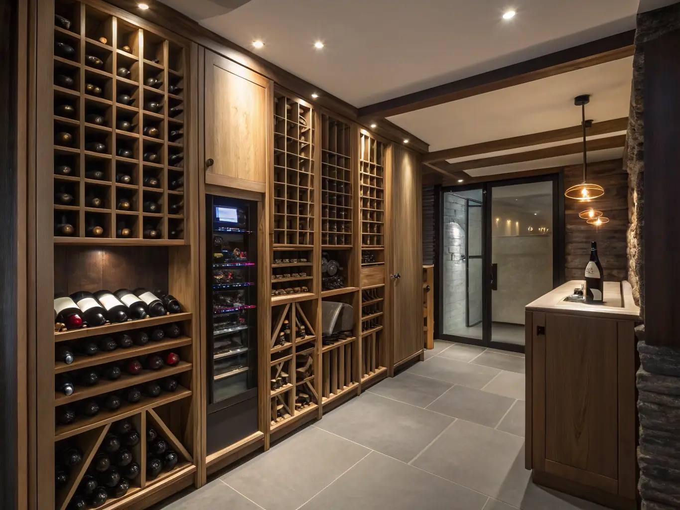 A beautifully arranged wine selection in a modern wine cellar, featuring various bottles and glasses, in the context of a luxury lifestyle blog.
