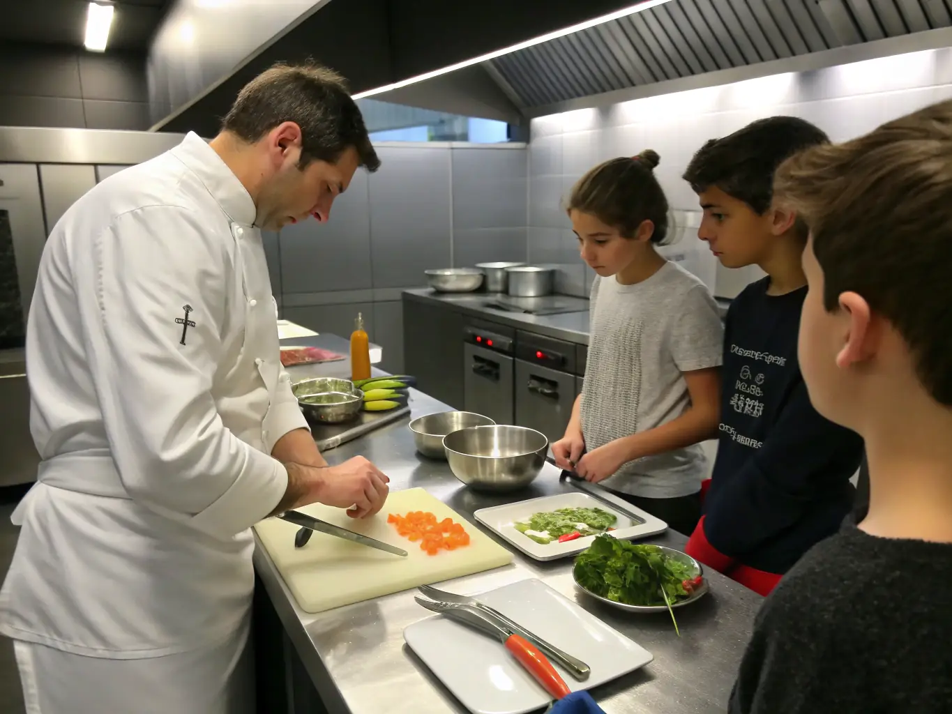 A professional chef demonstrating knife skills during a cooking master class, with participants attentively watching and taking notes in a modern kitchen setting. The scene is brightly lit, emphasizing the precision and artistry of culinary techniques.