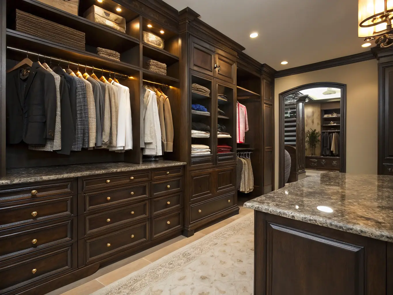 A stylishly organized walk-in closet with designer clothing, shoes, and accessories, representing a curated wardrobe.