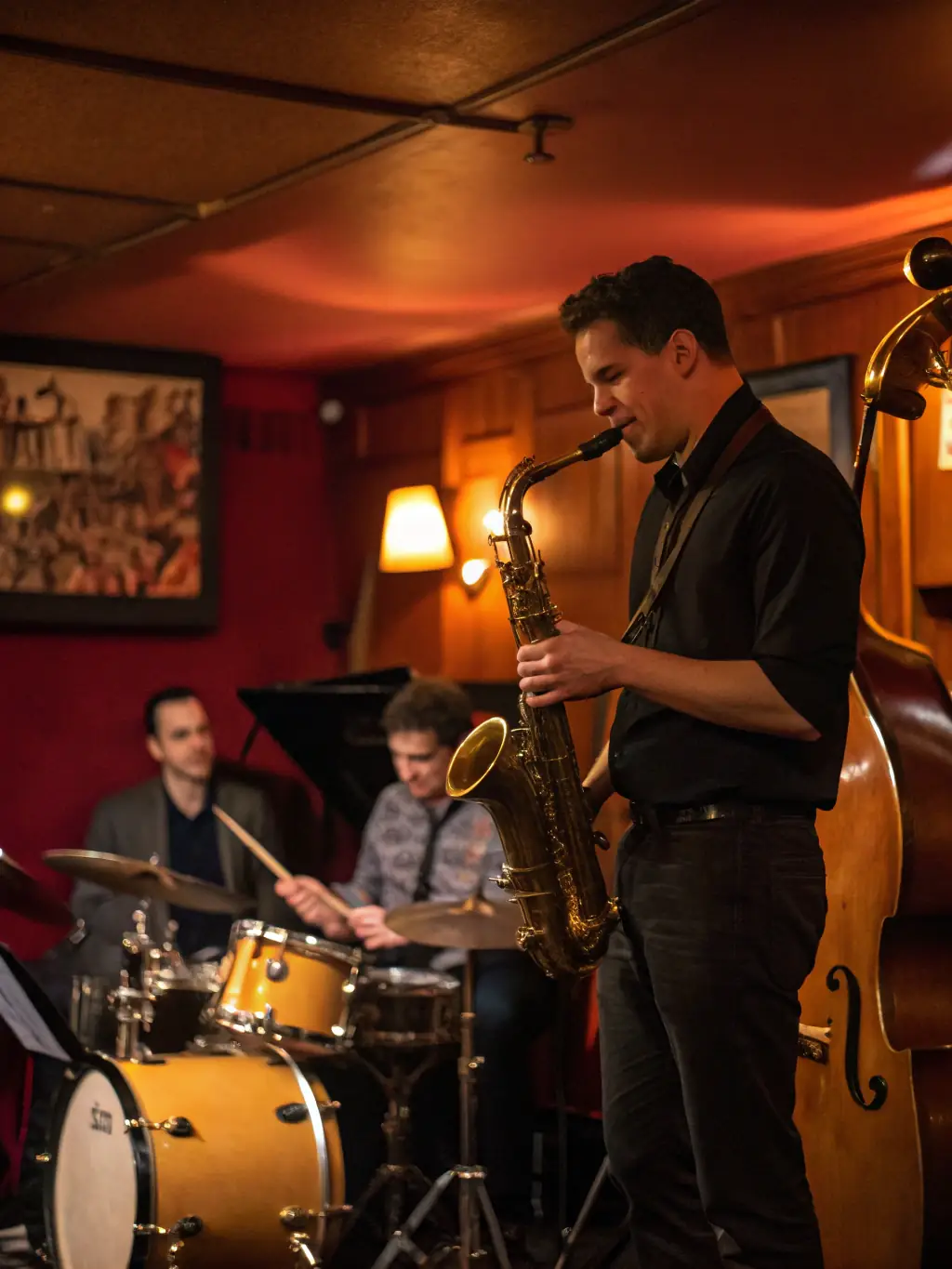 A serene image of a jazz quartet performing in a dimly lit, upscale lounge, creating a sophisticated and relaxed atmosphere, perfect for a luxury lifestyle blog.