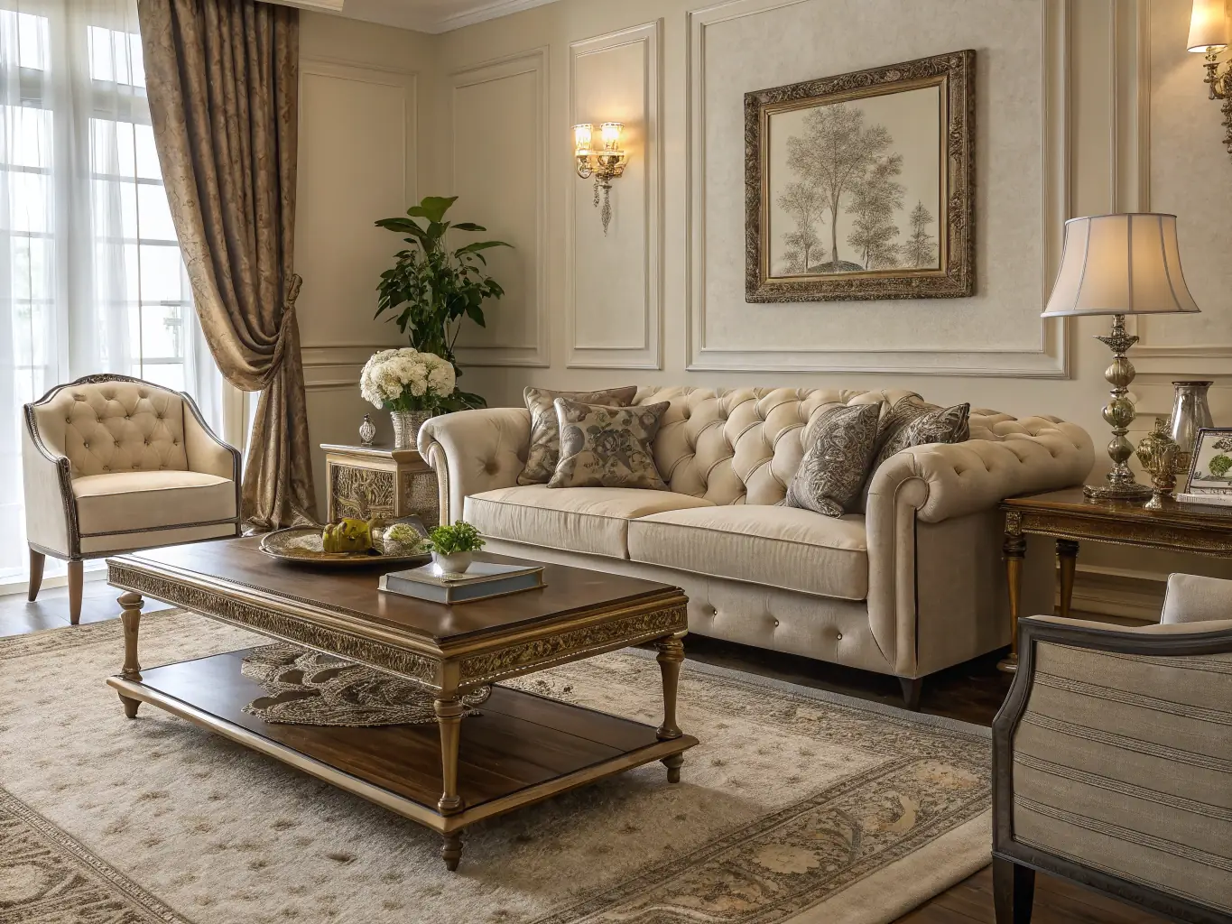 A tastefully decorated living room with elegant furniture and decor items, showcasing a harmonious blend of colors and textures, in the context of a luxury lifestyle blog.